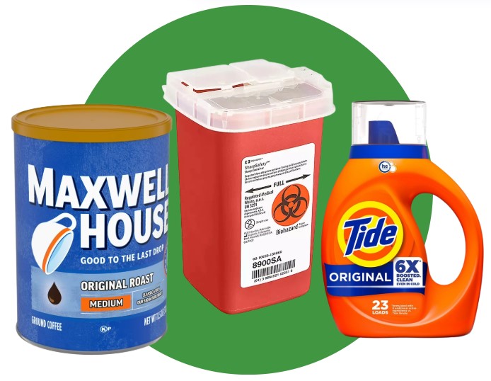 Pictures of containers safe for use with sharps: A coffee can, a dedicated sharps container, a large plastic detergent bottle.