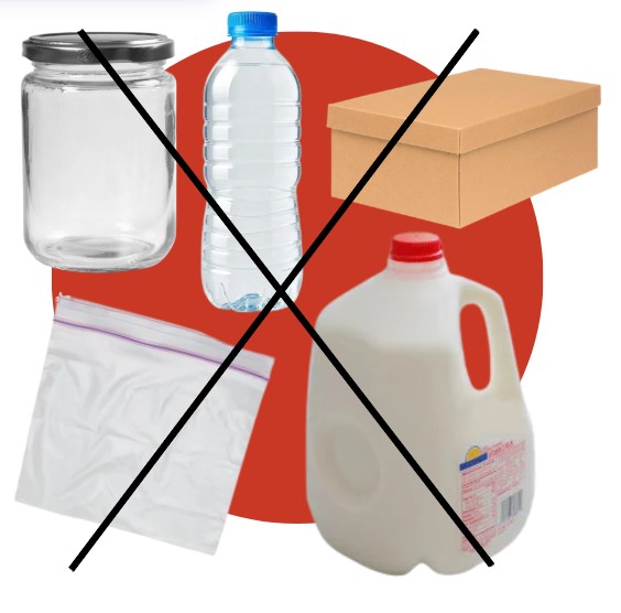 A set of images that are not safe for use as sharps containers: a glass jar; a plastic water bottle; a plastic bag; a plastic milk gallon container.