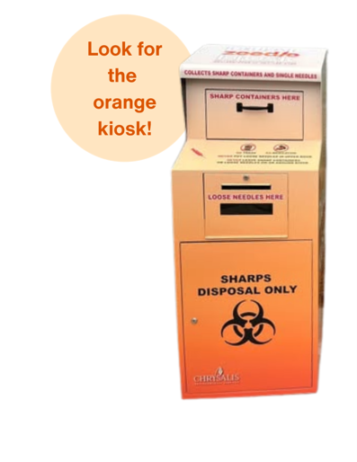 A photo of a sharps container with a warning logo on it with a bubble stating: Look for the orange kiosks! 