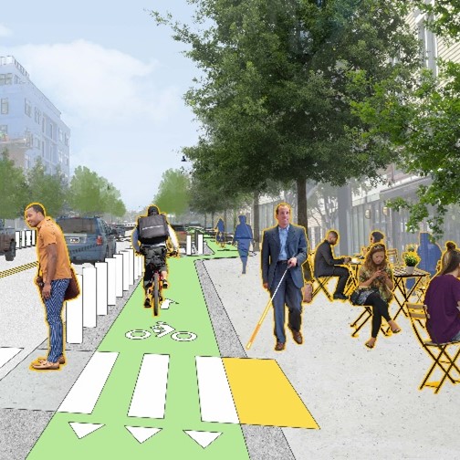 A design for a streetscape with a green and white crosswalk as pedestrians walk by. 