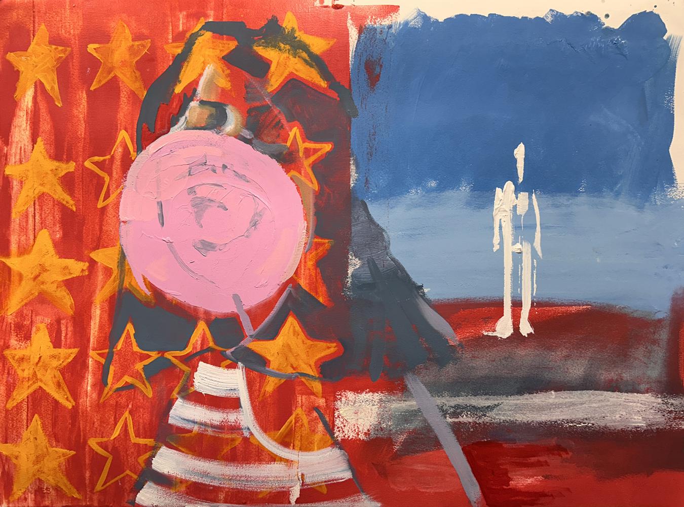 An abstract image of a white figure next to a pink circle next to gold/yellow starts and a damaged flag. 