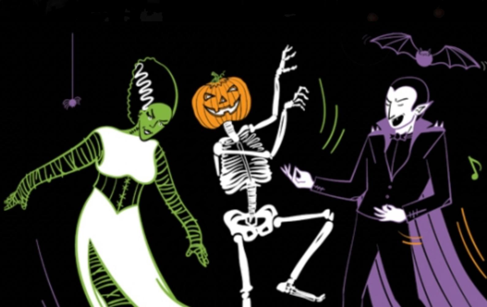 The Bride of Frankenstein, a skeleton, and Dracula share a dance