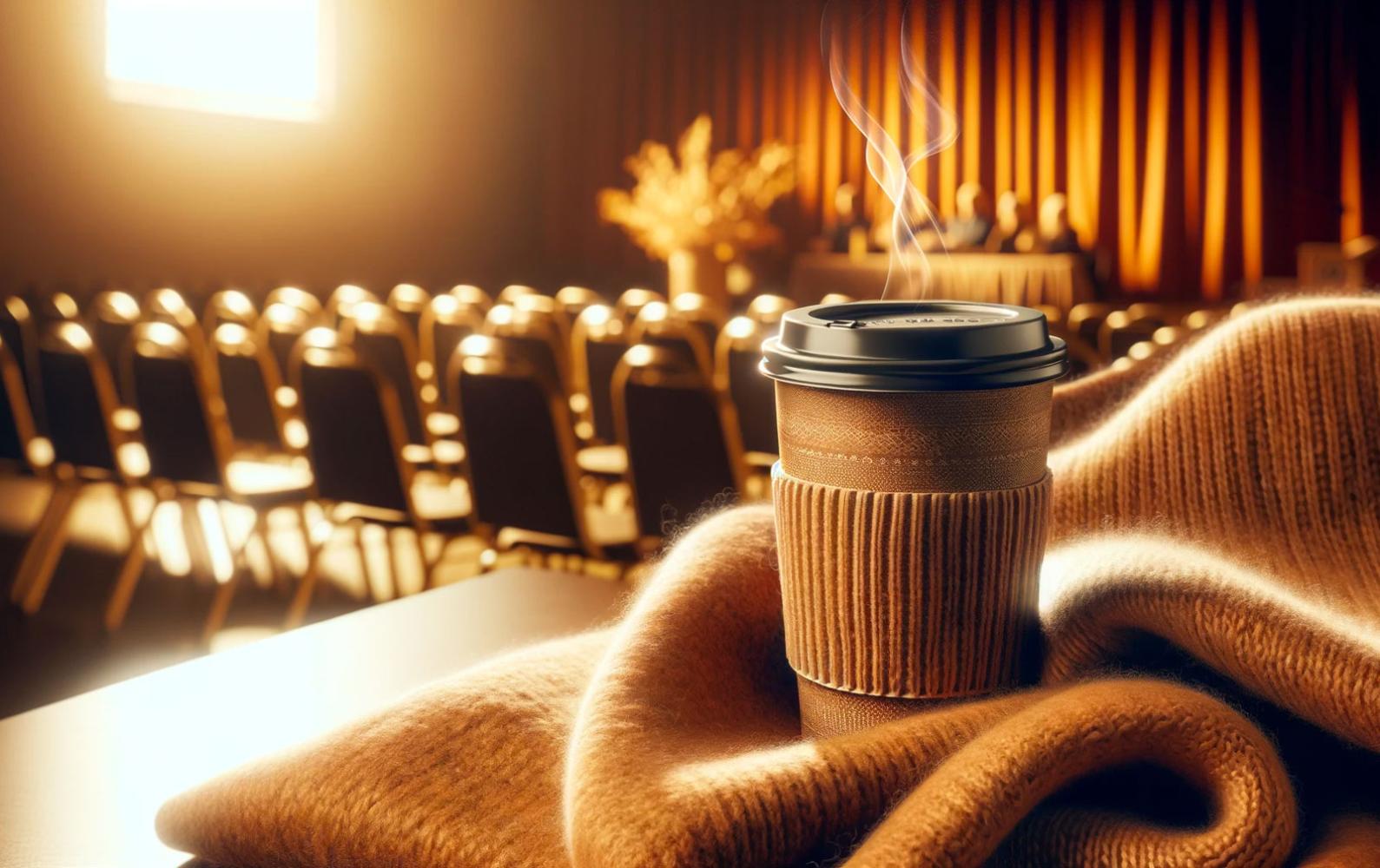 A warm blanket and a lidless paper cup on a chair in a cozy, blurred function hall, conveying warmth and comfort for a municipal warming center