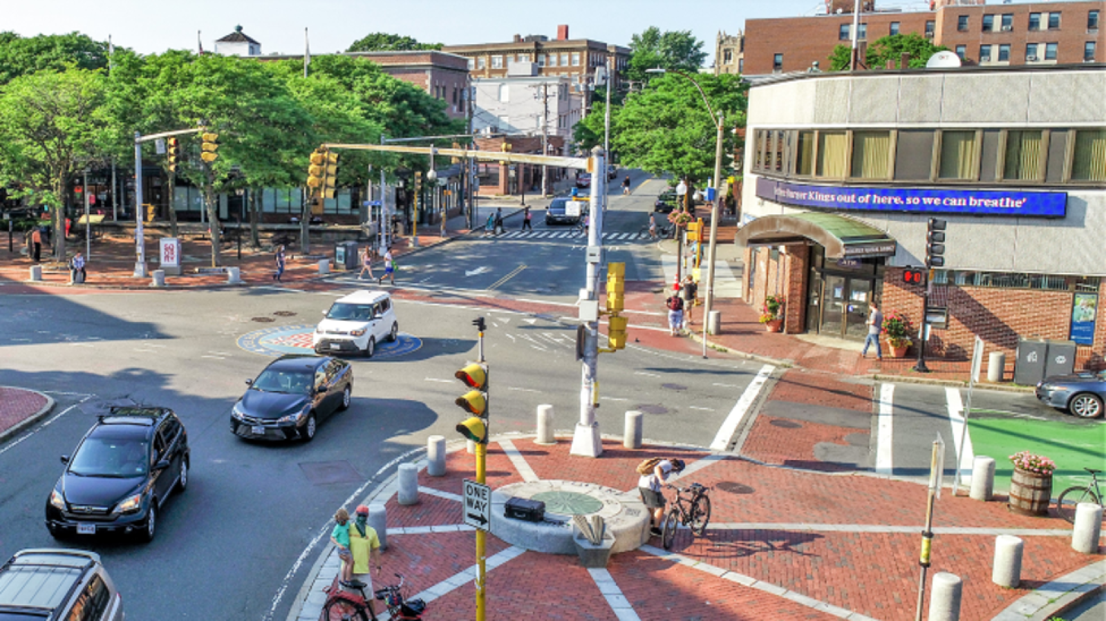An aerial image of Davis Square in Somerville highlighting a complex intersection. 