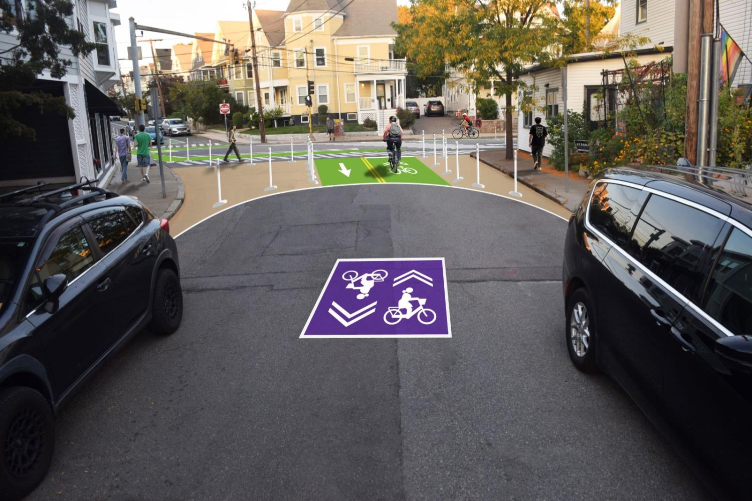 A render of a dead end street with a purple square indicating bike lanes. 