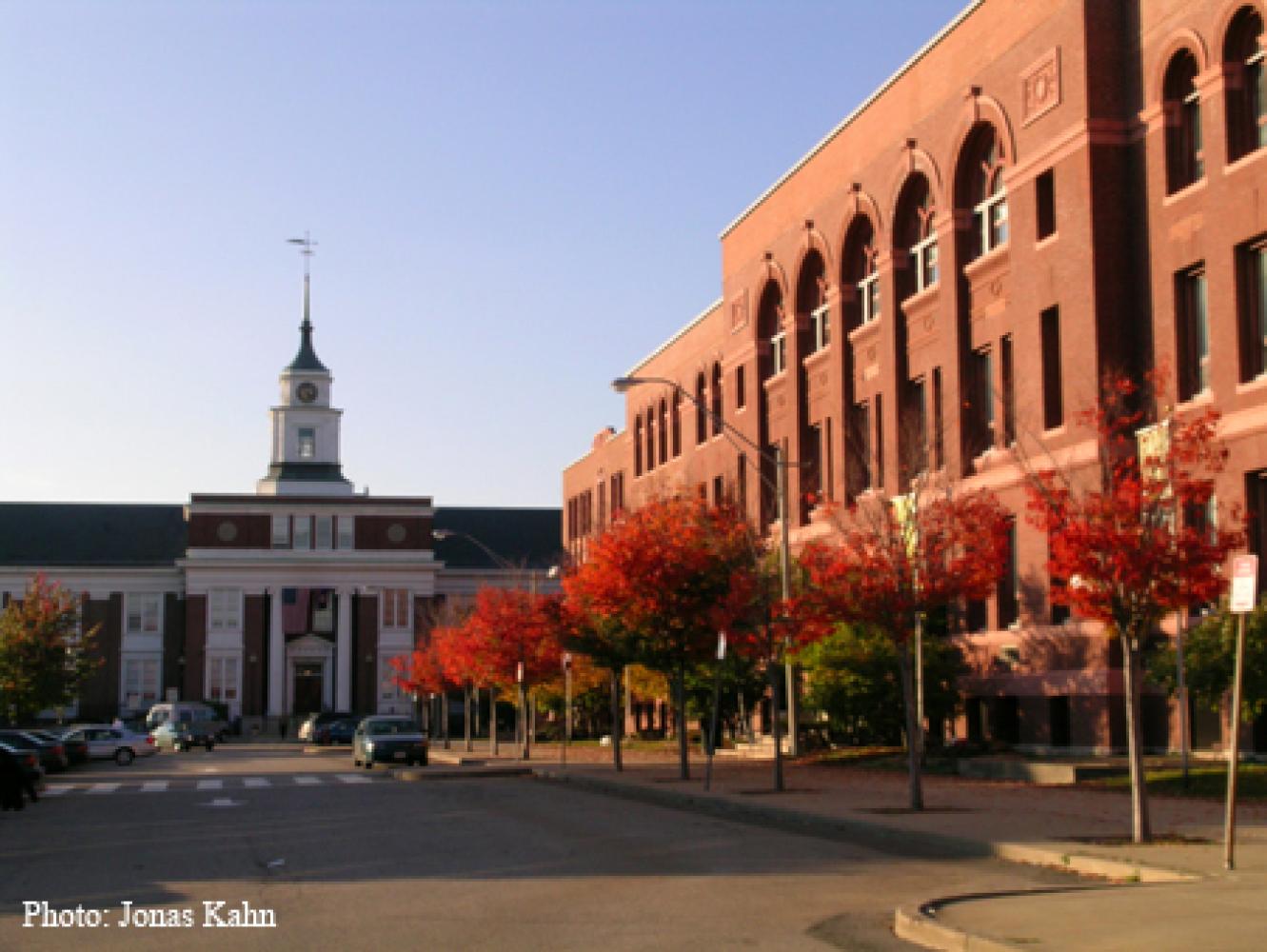Front side of Somerville City Hall underneath a blue sky