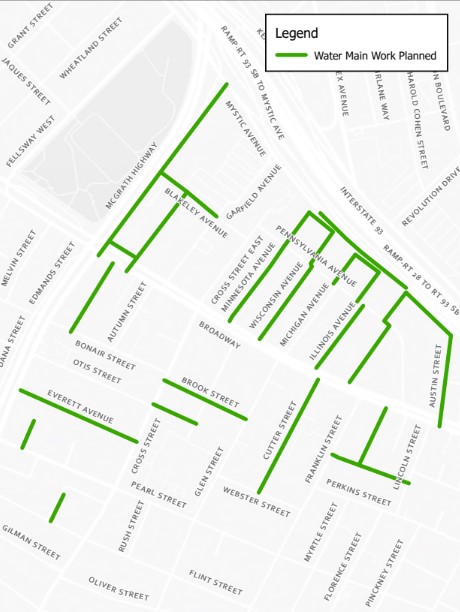 A map displaying the locations for watermain work in East Somerville 2025/2026.