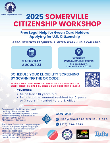 A poster for citizenship workshops in Somerville. 