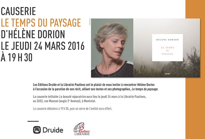 CAUSERIE (Montréal) « Le temps du paysage » d’Hélène Dorion