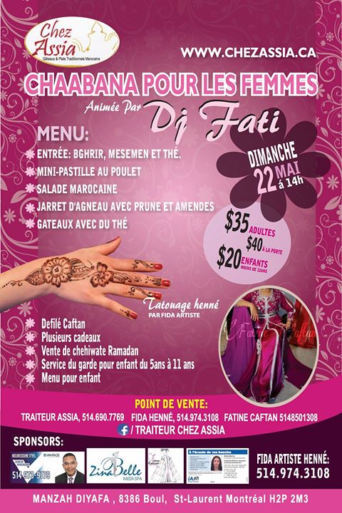 Chaabana pour femmes organisée par le Traiteur Chez Assia - Dimanche 22 mai à 14h !