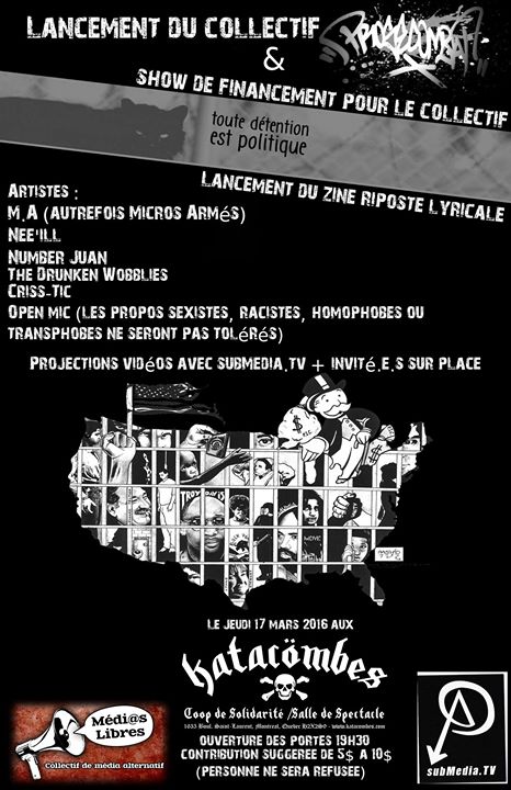 Lancement du collectif Prose Combat ainsi que du zine Riposte Lyricale et show pour le collectif Toute détention est politique