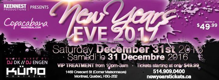 Montreal NYE Countdown 2017 at CopaCabana on 31st DEC