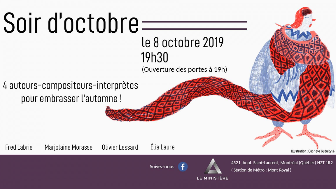 Soir d'octobre : plateau musical quadruple: Fred Labrie - Marjolaine Morasse, Élia Laure- Olivier Lessard