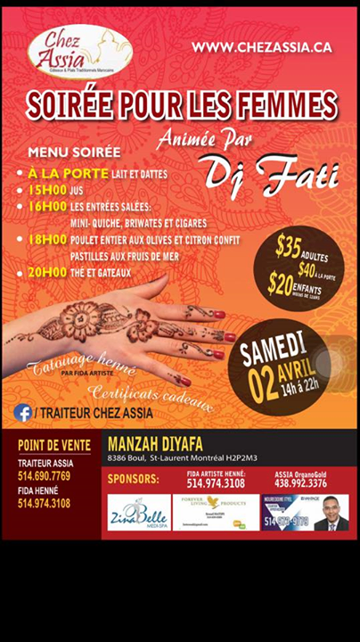 Soirée marocaine pour femmes organisée par le Traiteur Chez Assia - Samedi 2 avril !