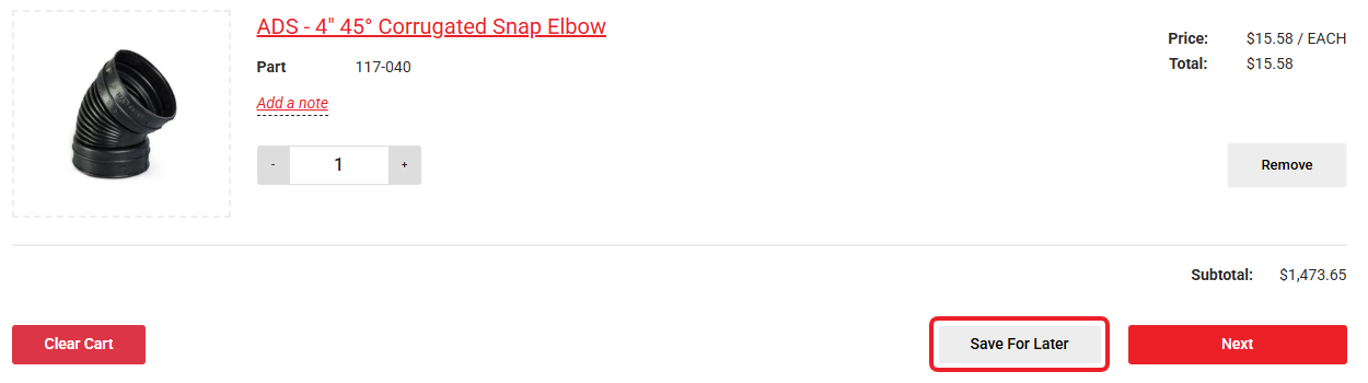 Cart with the Save For Later button highlighted