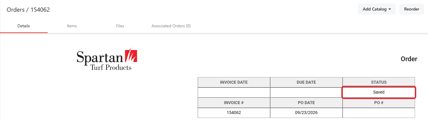 Order detail page with status Saved highlighted