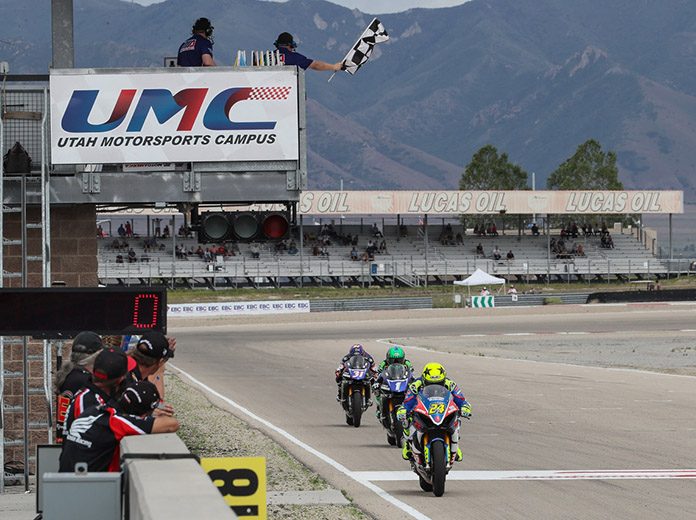 Toni Elias Wins MotoAmerica UMC Toni Elias (24) crosses the finish line to win Sunday's MotoAmerica EBC Brakes Superbike race at the Utah Motorsports Campus. (Brian J. Nelson Photo)