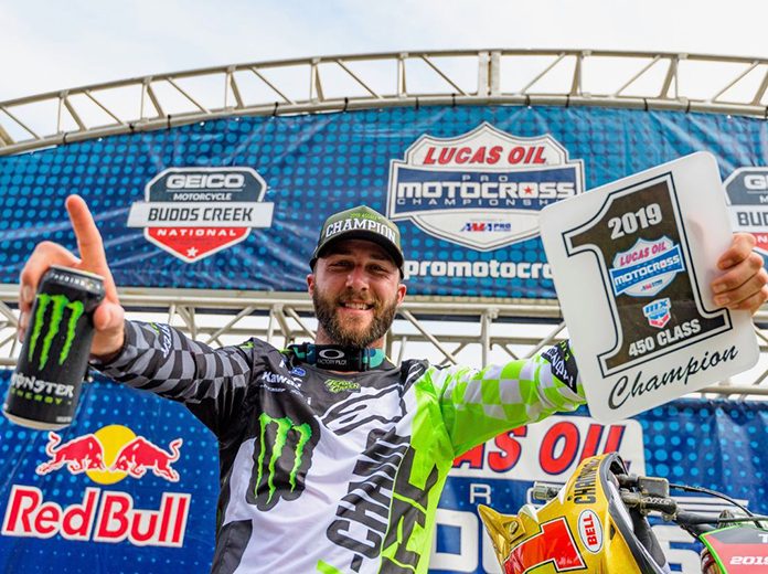Eli Tomac clinched his third-straight Lucas Oil Pro Motocross 450 class title on Saturday. (Kawasaki Photo) Eli Tomac clinched his third-straight Lucas Oil Pro Motocross 450 class title on Saturday. (Kawasaki Photo)