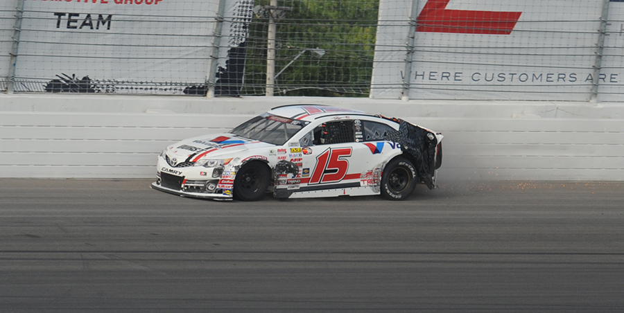 Tanner Gray bounces his damaged car off the wall during Saturday's NASCAR K&N Pro Series event at World Wide Technology Raceway. (Don Figler Photo)