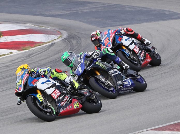 Toni Elias (24), Cameron Beaubier (1) and Josh Herrin battle for position during Sunday's MotoAmerica Superbike event at Pittsburgh Int'l Race Complex. (Brian J. Nelson Photo) Toni Elias (24), Cameron Beaubier (1) and Josh Herrin battle for position during Sunday's MotoAmerica Superbike event at Pittsburgh Int'l Race Complex. (Brian J. Nelson Photo)