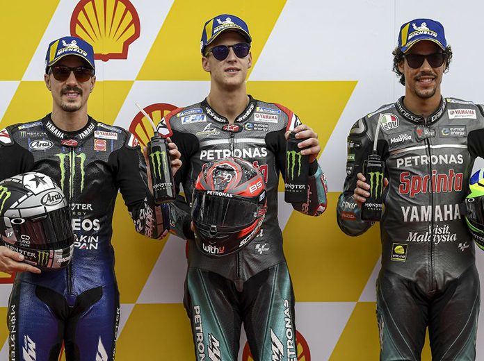 Fabio Quartararo (center) bested Maverick Vinales (left) and Franco Morbidelli (right) to earn the MotoGP pole at Sepang Int'l Circuit. (Yamaha Photo) Fabio Quartararo (center) bested Maverick Vinales (left) and Franco Morbidelli (right) to earn the MotoGP pole at Sepang Int'l Circuit. (Yamaha Photo)