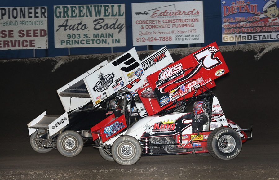 Jason Sides (7s), Jac Haudenschild (3) and Parker Price-Miller battle during Saturday's World of Outlaws NOS Energy Drink Sprint Car Series event at Tri-State Speedway. (Neil Cavanah Photo)