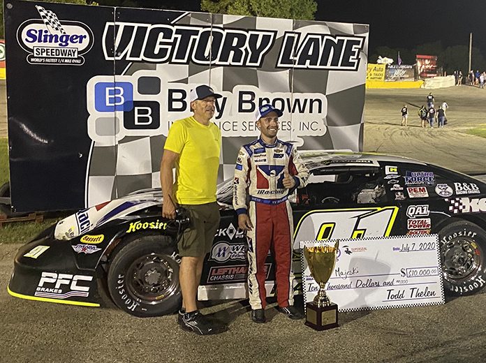 Ty Majeski (right) poses in victory lane with Slinger Super Speedway promoter Todd Thelen after winning the 41st Slinger Nationals. (Nicholas Dettmann Photo) Ty Majeski (right) poses in victory lane with Slinger Super Speedway promoter Todd Thelen after winning the 41st Slinger Nationals. (Nicholas Dettmann Photo)