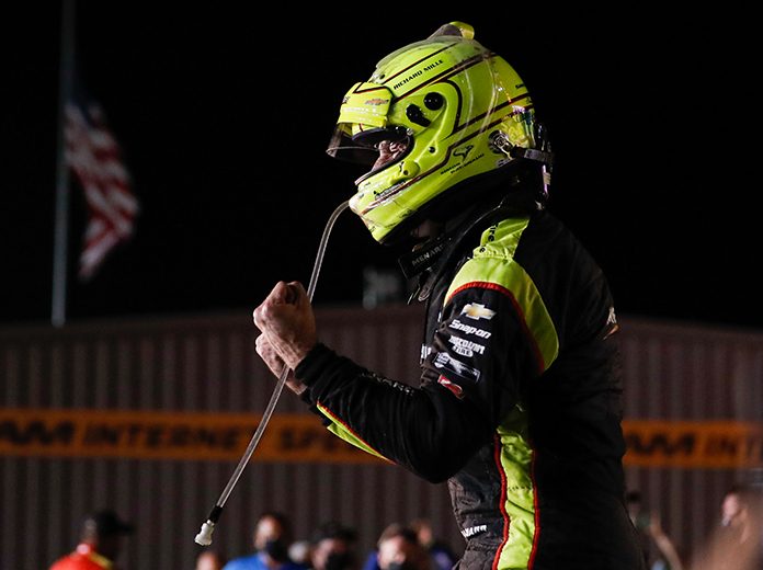 Simon Pagenaud celebrates after winning Friday's first race of the Iowa IndyCar 250s at Iowa Speedway. (IndyCar Photo) Simon Pagenaud celebrates after winning Friday's first race of the Iowa IndyCar 250s at Iowa Speedway. (IndyCar Photo)