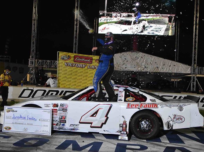 Jonathan Findley celebrates after claiming his first CARS Tour victory Saturday night at Dominion Raceway. (Andrew Fuller Photo) Jonathan Findley celebrates after claiming his first CARS Tour victory Saturday night at Dominion Raceway. (Andrew Fuller Photo)