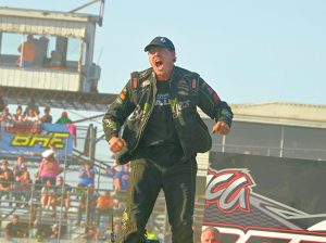 Donavon Smith celebrates after his victory in the IMCA Super Nationals stock car championship race Sunday at Boone Speedway. (Tom Macht Photo)