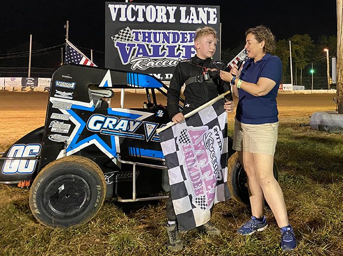 Rylan Gray is interviewed in victory lane after winning Friday's All Star Circuit of Champions TQ Midget feature at Thunder Valley Raceway. (Lenny Batycki/PRN's At the Track Photo) Rylan Gray is interviewed in victory lane after winning Friday's All Star Circuit of Champions TQ Midget feature at Thunder Valley Raceway. (Lenny Batycki/PRN's At the Track Photo)