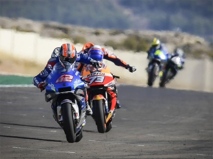 Alex Rins (42) outran Alex Marquez (73) for his first MotoGP victory of the season Sunday in Spain. (MotoGP Photo) Alex Rins (42) outran Alex Marquez (73) for his first MotoGP victory of the season Sunday in Spain. (MotoGP Photo)