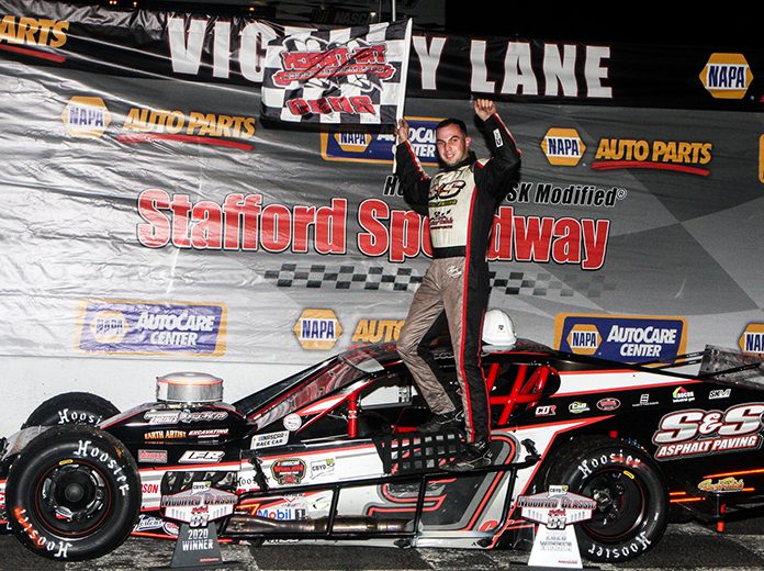 Chase Dowling banked $10,000 for winning the Tri Track Open Modified Series feature Saturday at Stafford Motor Speedway. (Dick Ayers Photo) Chase Dowling banked $10,000 for winning the Tri Track Open Modified Series feature Saturday at Stafford Motor Speedway. (Dick Ayers Photo)