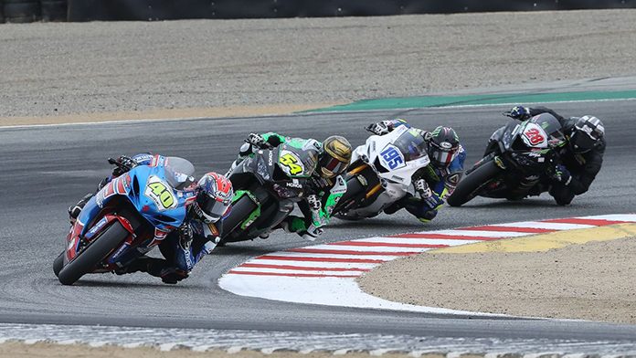 Sean Dylan Kelly (40) leads Richie Escalante (54), J.D. Beach (195) and Cory Ventura (28) in Supersport action from WeatherTech Raceway Laguna Seca on Sunday. (Brian J. Nelson Photo) Sean Dylan Kelly (40) leads Richie Escalante (54), J.D. Beach (195) and Cory Ventura (28) in Supersport action from WeatherTech Raceway Laguna Seca on Sunday. (Brian J. Nelson Photo)