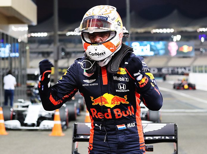Max Verstappen celebrates after claiming the pole for the Abu Dhabi Grand Prix. (Kamran Jebreili - Pool/Getty Images Photo) Max Verstappen celebrates after claiming the pole for the Abu Dhabi Grand Prix. (Kamran Jebreili - Pool/Getty Images Photo)
