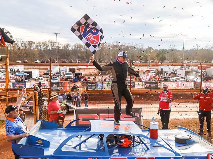 Michael Brown celebrates after winning Saturday's Drydene Xtreme DIRTcar Series event at Lavonia Speedway. (Chris Anderson Photo) Michael Brown celebrates after winning Saturday's Drydene Xtreme DIRTcar Series event at Lavonia Speedway. (Chris Anderson Photo)