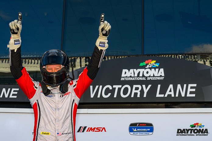 Michael Carter celebrates his Mazda MX-5 Cup victory Friday at Daytona Int'l Speedway. Michael Carter celebrates his Mazda MX-5 Cup victory Friday at Daytona Int'l Speedway.