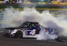 Nemechek Beats The Boss In Vegas John Hunter Nemechek celebrates with a burnout after winning Friday's NASCAR Camping World Truck Series race. (HHP/Jim Fluharty Photo)