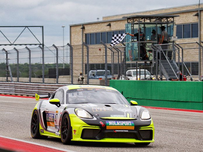Matt Travis and Jason Hart took the victory in Saturday's Pirelli GT4 America event at Circuit of the Americas. Matt Travis and Jason Hart took the victory in Saturday's Pirelli GT4 America event at Circuit of the Americas.