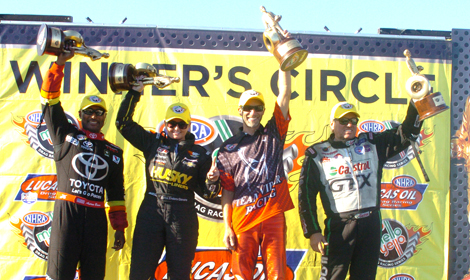 (From Left) Antron Brown, Erica Enders-Stevens, Matt Smith and John Force picked up victories Sunday at Gateway Motorsports Park. (Don Figler Photo)
