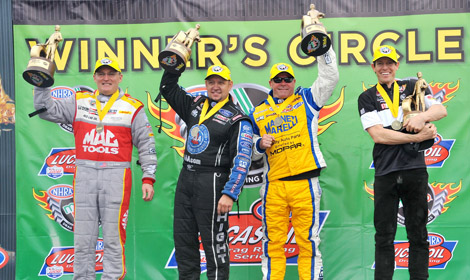 (From left) Doug Kalitta (Top Fuel), Robert Hight (Funny Car), Allen Johnson (Pro Stock) and Steve Johnson (Pro Stock Motorcycle) won Sunday's Amalie Oil NHRA Gatornationals. (Rhonda McCole Photo)