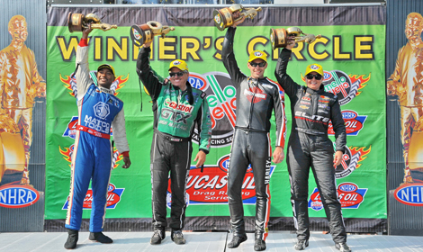 (From left) Antron Brown, John Force, Andrew Hines and Erica Enders-Stevens were winners in their respective NHRA classes Sunday at Summit Motorsports Park. (Rhonda Hogue McCole Photo)