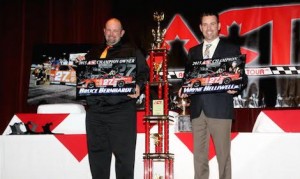 ACT Late Model Tour Champion Wayne Helliwell, Jr., right, and car owner Bruce Bernhardt are honored at the 2015 ACT Banquet of Champions. (Alan Ward/Big Al's Photos)