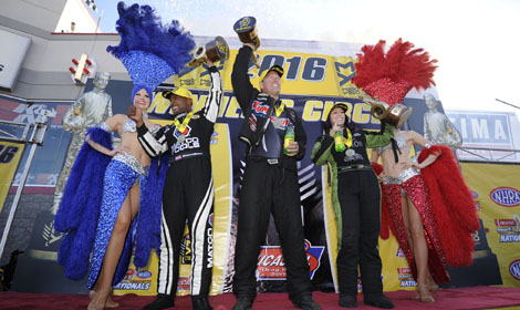 (From left) Antron Brown, Jason Line and Alexis DeJoria were winners during Sunday's DENSO Spark Plugs NHRA Nationals. (NHRA Photo)