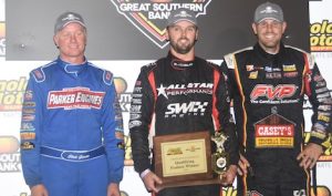 Jamie Veal (center) shared the podium with Brian Brown (right) and Clint Garner Friday at Knoxville Raceway. (Conrad Nelson photo)