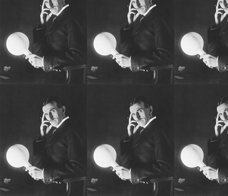Tesla holding wireless flourescent_light_bulb fabric - staceyvan_keuren