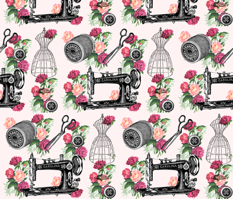 Vintage Sewing and Roses on PInk wallpaper - 13moons_design - Spoonflower