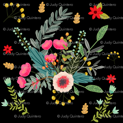 Boho Floral / Black Background fabric - shopcabin - Spoonflower