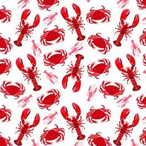 Crab And Lobsters White Red Crustacea Spoonflower