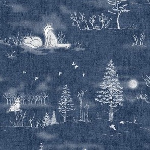 Winter Forest Toile, White on Midnight | Spoonflower